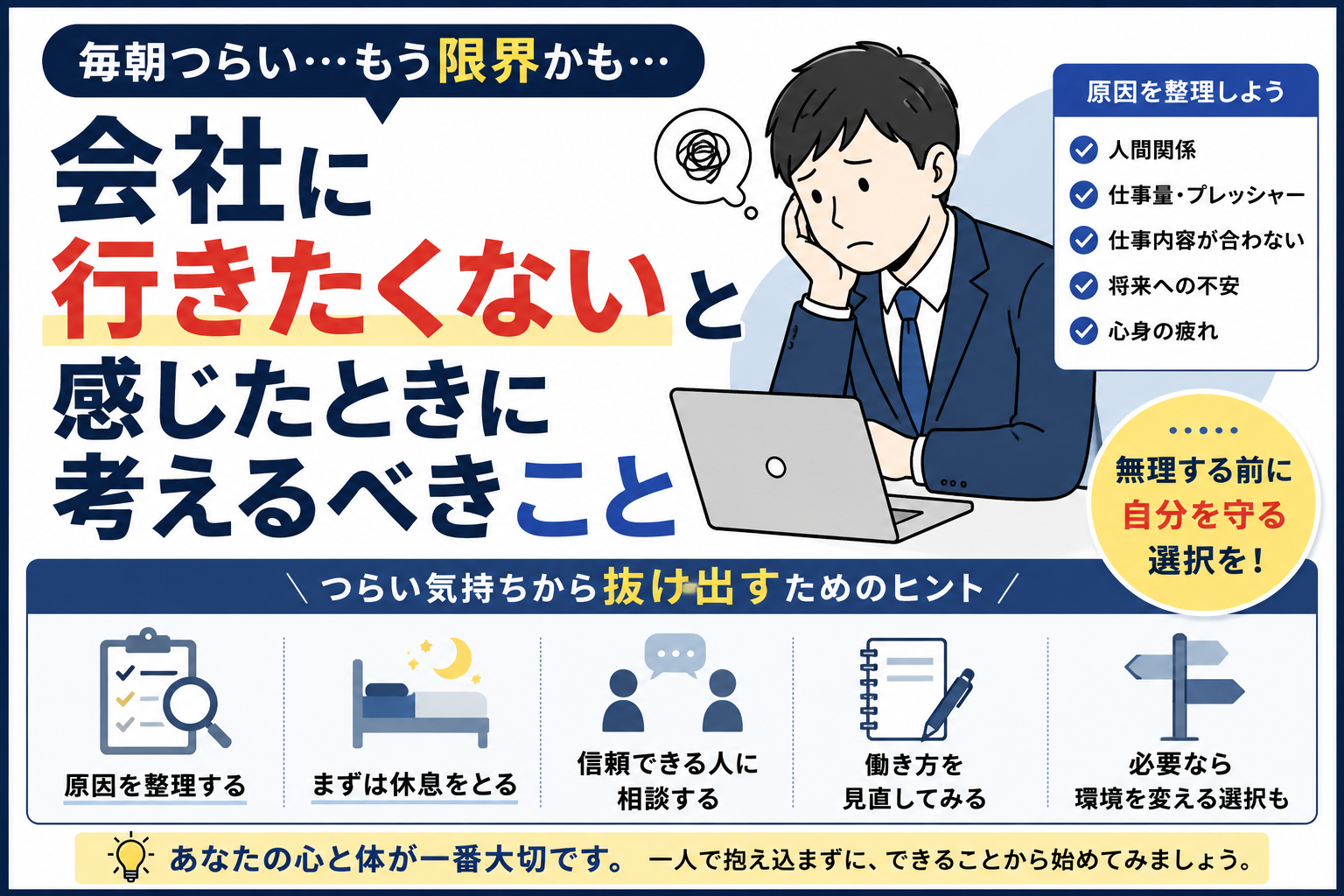 会社に行きたくないと感じたときに考えるべきこと｜限界になる前に知っておきたい対処法 byキャリア1000｜ジョブせん運営の転職メディア