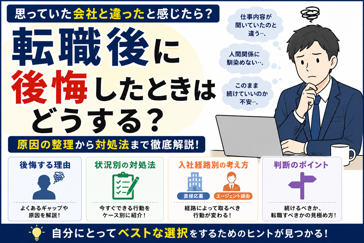 転職後に後悔したときはどうする？｜「思っていた会社と違った」と感じた時に考えたいこと byキャリア1000｜ジョブせん運営の転職メディア